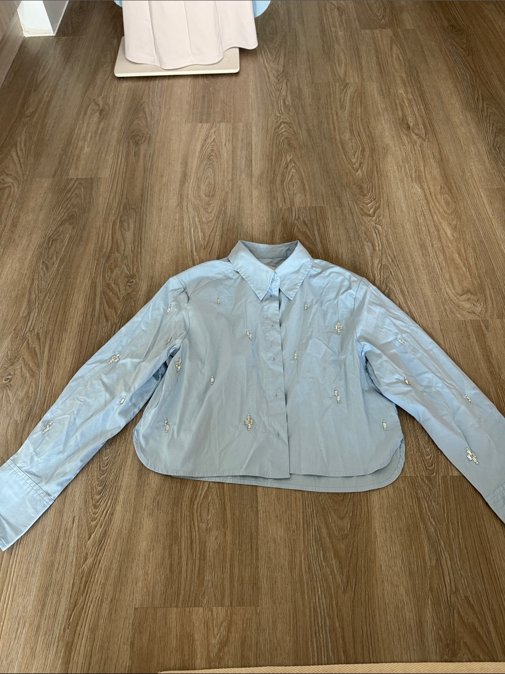 Embellished Light Blue Cropped Button-Up Shirt